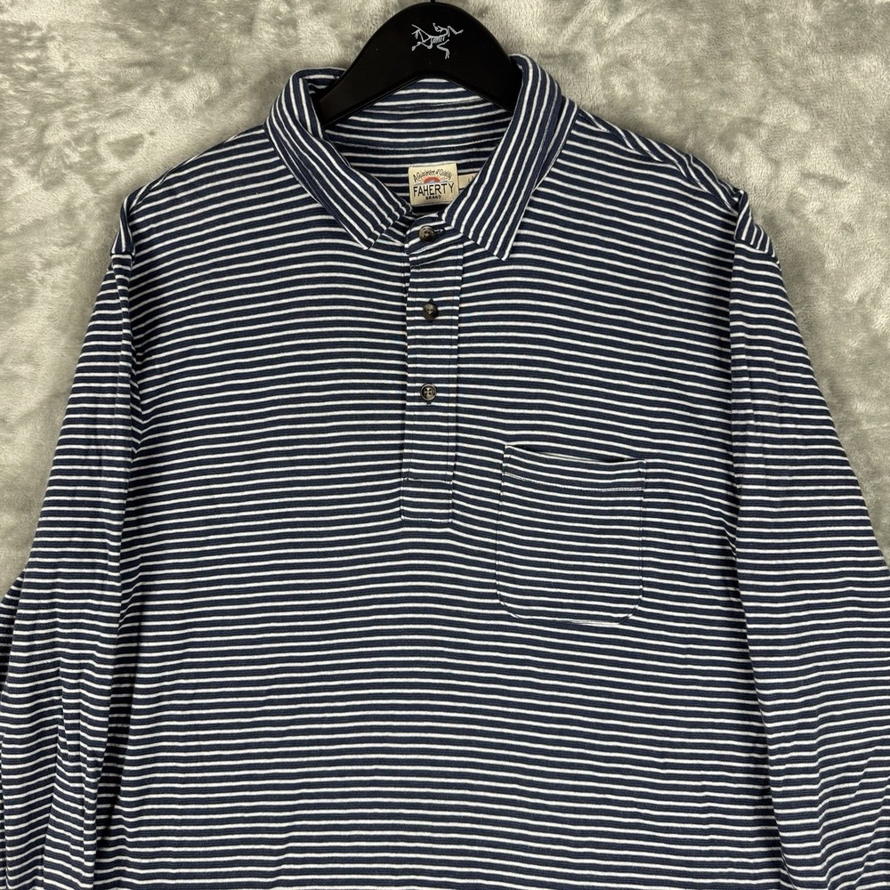 Faherty Long Sleeve Striped Polo Shirt Pima Cotton Blend Mens Large Pocket